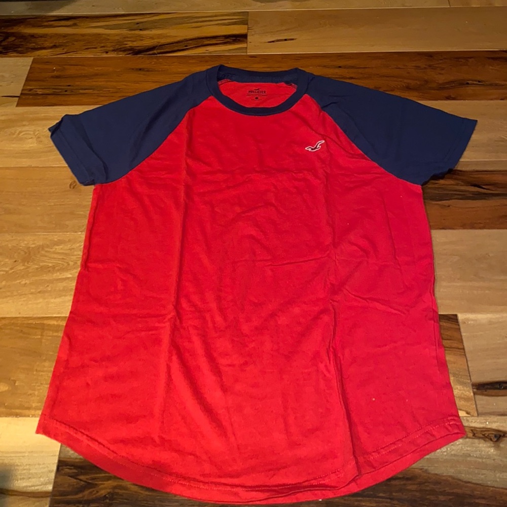 NWOT~HOLLISTER RED AND NAVY BLUE EMBROIDERED LOGO TSHIRT~MENS SMALL